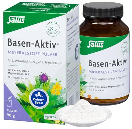 Salus Basen-Aktiv Mineralstoff-Kräuterextrakt-Pulver – Für Säure-Basen-Balance - Zink, Magnesium, Calcium und Kalium – Kräuter wie Mariendistel, Artischocke und Löwenzahn – Vegan, clean – 90 g