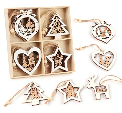 Sweelov 15 Stück Holz-Anhänger Schneeflocken baumschmuck weiße Holz Weihnachts-Anhänger Hängeornamente Weihnachtsanhänger Vintage Verzierung Deko