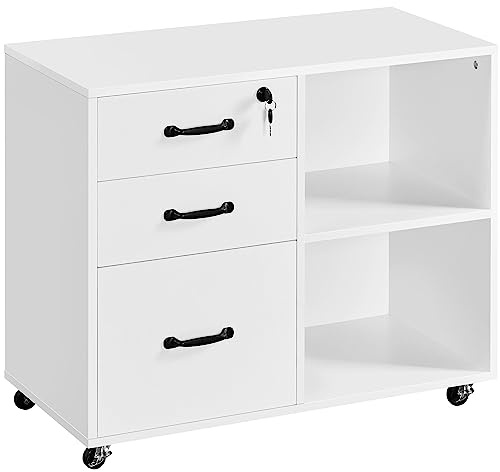 Yaheetech Rollcontainer mit 3 Schubladen & 2 Fächern, Weiß, 80x40x65,5 cm | Aktenschrank Büroschrank abschließbar - Schreibtisch-Unterschrank aus Holz für Büro, Arbeitszimmer, Dokumente