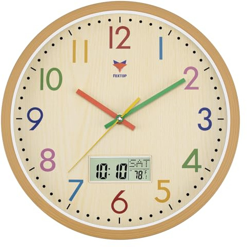 Foxtop Kinder Wanduhr, Geräuschlos Lautlos, Kinderuhr Bunt Uhr für Jungen Mädchen Kinderzimmer Schlafzimmer Küche Wohnzimmer Schule 30 cm