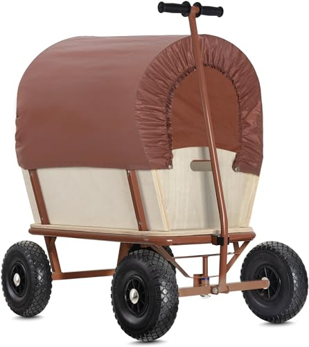 Stagecaptain Bollerwagen Holz im Wild Western Style - Handwagen mit Dach für Sonne und Regen - Lenkbare Vorderachse & Deichsel aufrecht fixierbar - Robuste Profilreifen aus Hartplastik