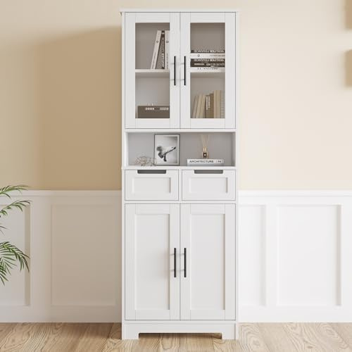LEADZM Küchenschrank mit verstellbaren, Schublade,Glastüren Weiß | AblagenVitrinenschrank mit offenen Fächern,vitrine,Landhausstil,Wohnzimmer, Esszimmer,Esszimmer