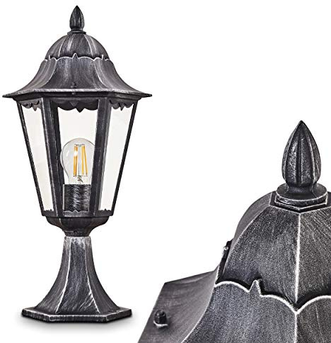 HOFSTEIN Sockelleuchte Lignac, Außenwegeleuchte aus Metall/Glas in Schwarz/Silber/Klar, Wegeleuchte im Antik/Retro/Vintage-Design für Garten, Außenbereich, Hof, Terrasse, 47 cm, E27, IP44