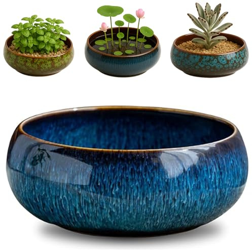 Oncpcare Lotus-Schale Pflanztopf – Keramik Wasserpflanzentopf Heiliger Bonsai-Schale Lotusblume, flache glasierte Vase für Lotussamen, Bonsai, Sukkulenten, Hydroponische Pflanzen (Blau)