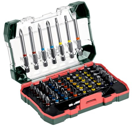 metabo Bit‑Box 56‑teilig - Hochwertiges S2‑Bitset mit PH, PZ, SL, Torx und Torx‑Tamper Bits, 25 mm & 75 mm, inkl. magnetischem Schnellwechsel‑Bithalter, farbcodiert, robuste Aufbewahrungsbox