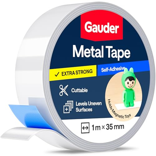 GAUDER Metallband selbstklebend - Ideal für Tonie®-Figuren & -Regale - Magnetband für Magnete - Ferroband mit Schaumstoff-Kleber - Stahlband und Eisenband (1 m x 35 mm)