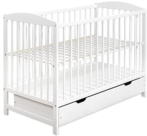 moto-MOLTICO Kinderbett Babybett 60x120 cm - Weiß | Gitterbett mit Schublade, Höhenverstellbarem Lattenrost und Schlupfsprossen, Umbaubar zum Juniorbett