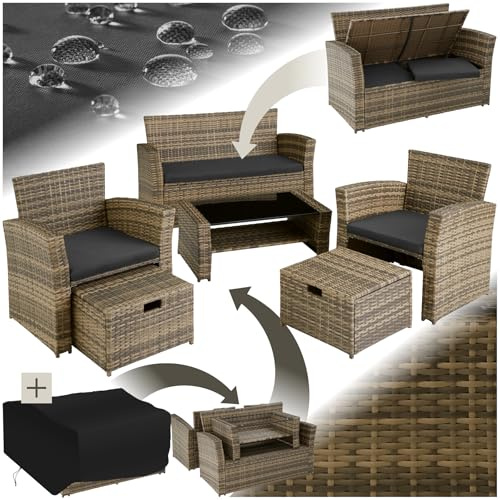 tectake Polyrattan Garten Sitzgruppe für 4 Personen mit Hocker, Rattan Gartenmöbel Set mit eingebauter Auflagenbox in der Sitzbank, Garten und Balkon Möbel - Natur