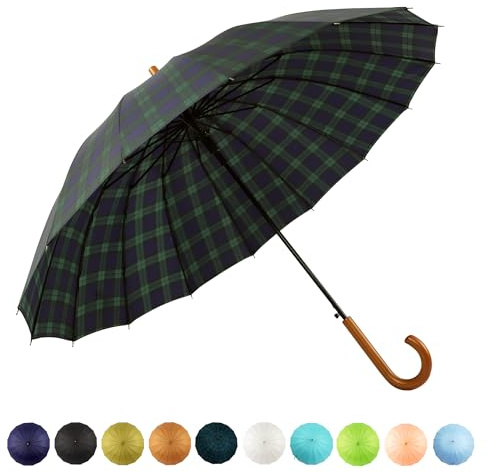 SoulRain 16 Rippen 121,9 cm Stockschirm, automatisches Öffnen, einfarbig, modisch und einfach, bogenförmiger klassischer Holzgriff, winddicht, unzerbrechlich, Regenschirm (Gitter Navy)