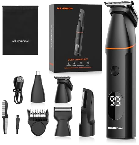 Intimrasierer Mann, Körperrasierer Herren, 4 in 1 Barttrimmer Männer mit Nasenhaartrimmer, wiederaufladbarer Elektrorasierer für Körper, Intimbereich, Bart, Rücken, Hoden und Scham (Schwarz)