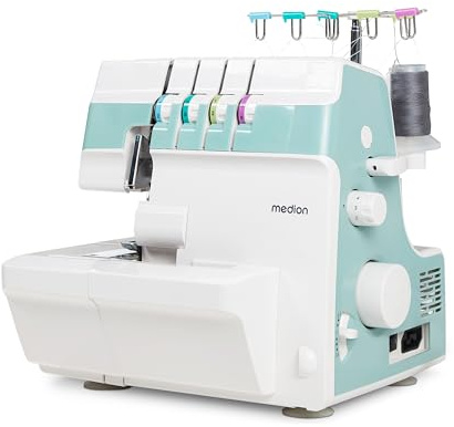 MEDION Overlock Nähmaschine SO90 (elektrisch, 90 Watt, LED Licht, mit einem Arbeitsgang schneiden, umfangreiches Zubehör, MD19169) türkis