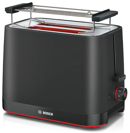Bosch Kompakt Toaster MyMoment TAT3M123, entnehmbarer klappbarer Brötchenaufsatz, mit Auftaufunktion, Abschaltautomatik, Liftfunktion, Brotzentrierung, ideal für 2 Scheiben, 800 Watt, Schwarz matt