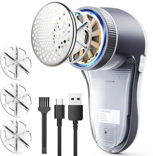 POPCHOSE Fusselrasierer Elektrisch, Aufladbar Fusselentferner mit 6 Klingen | 9000 U/min, 3 Maschengrößen, USB wiederaufladbar, Pilling Entferner für Kleidung, Pullover, Sofa und Decken