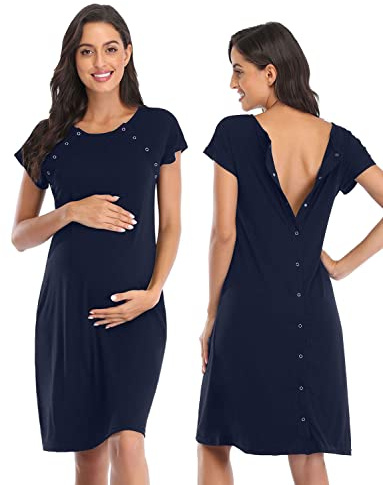Soanhoo Damen Umstands-Nachthemd 3-in-1 Lieferung Arbeit Stillnachthemd Krankenhauskleid Nachtwäsche zum Stillen