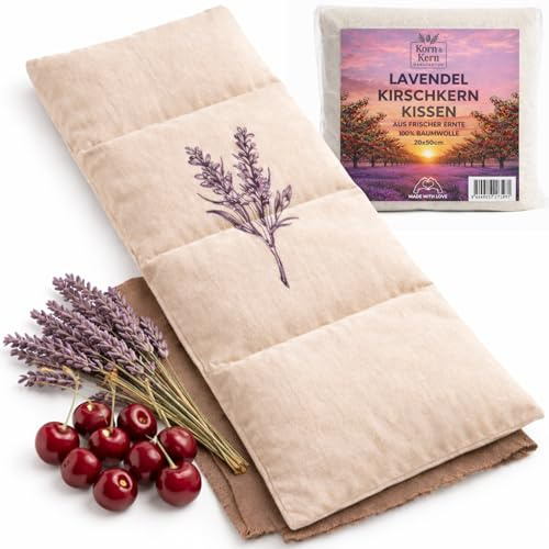Kirschkernkissen mit Lavendel groß – Mikrowellengeeignetes Wärmekissen gegen Verspannungen in Nacken, Schultern und Rücken – natürliche Kirschkerne - getrockneter Lavendel– 20x50 cm (1 Stück)