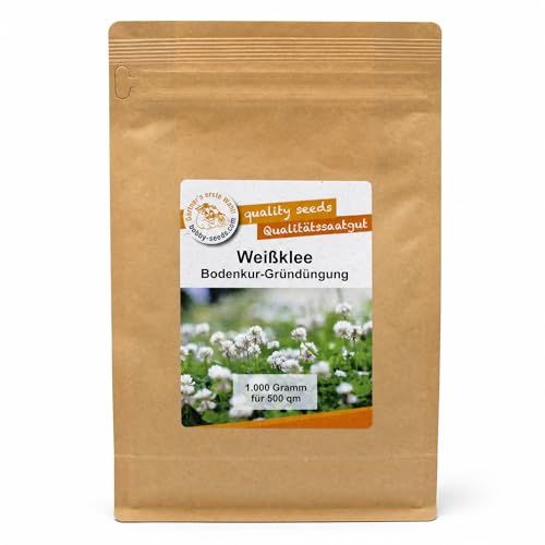 Gärtner's erste Wahl! Bobby-Seeds Weißklee Samen 1 kg für ca. 500 m², Saatgut ohne Gentechnik für Gründüngung und Bodendecker, mehrjährig und winterhart, Keimfähigkeit geprüft