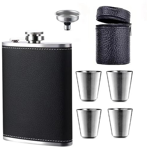 Zixrmor 1X304 Flachmann und Trichter, 4 kleine Tassen,8oz.227 ml Geeignet Zum Tragen von Alkohol, Aus Edelstahl Flachmann (Schwarz)