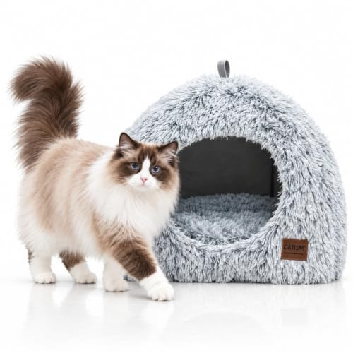 CATISM Katzenbett Waschbar Katzenschlafplatz für Katzen Katzenhöhle Plüsch Haustier Katzenkopfkissen Katzenhaus Katzenkissen Flauschiges Kätzchen Welpen Kuschelbett Haustierbett Grau