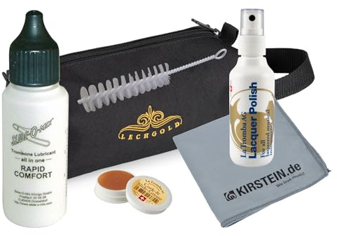Lechgold Pflegeset für Posaune - Komplettes Pflege-Zubehör - Zugöl und Lackpolitur - Mundstückbürste - Korkfett und Mikrofasertuch - Alles verstaut in robuster Tasche mit Halteschlaufe