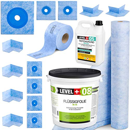 MEGA Dicht-Set Bad Dusche 25Kg Flüssigfolie 5L Tiefengrund 30M Dichtband 10M Dichtbahn 4 Innenecken, 2 Außenecke, 4 Manschetten 120x120, 2 Manschetten 150x150, 1 Manschetten 250x250 SET52