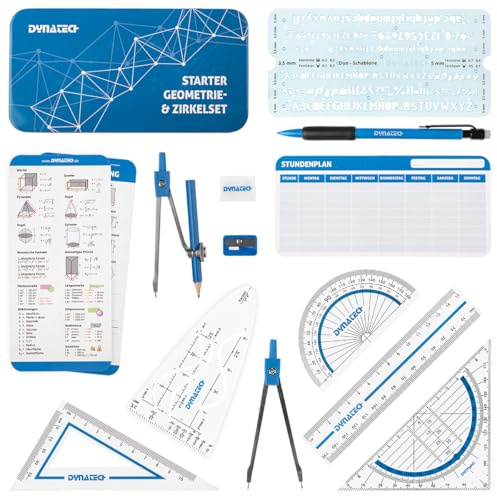 DynaTech Zirkel Set Geometrieset 14-Teilig - Starterset Schule - mit Zirkel, Geodreieck, Parabel, Bleistift, Lineal, Spitzer und Stundenplan in robuster Metallbox