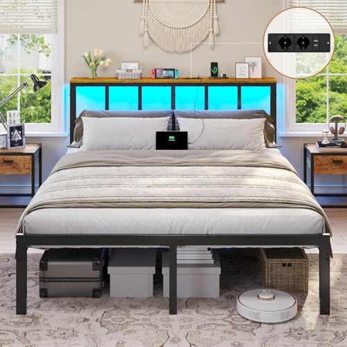 Brinlawb Bett 160x200 mit Lattenrost aus Metall, Bettgestell 160x200 mit LED Beleuchtung & Ladestation (2 AC-Steckdosen,2 USB-Anschlüsse) Metallbett 160x200 cm mit Kopfteil und Stauraum Doppelbett