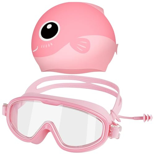 Ynaice 2 Stück Badekappe Schwimmbrille Kinder Set Cartoon Badekappe UV-Schutz Anti-Beschlag Schwimmbrillen mit Ohrstöpseln für Kids Mädchen-Rosa 3-14 Jahre