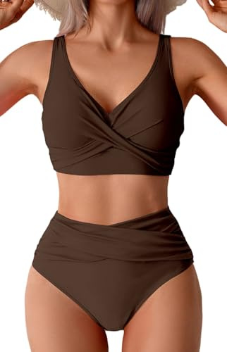 Sangdut Bikini Damen Set Push up High Waist Sexy Triangel Breites Unterbrustband Mit Cups Zweiteiliger Badeanzug Swimsuits(Kaffeebraun,L)