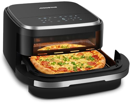 Aigostar Heißluftfritteuse XL 745cm² Garfläche 2200W Leise Extra-Crisp 4.2L | Air Fryer Pizzafunktion(TK Pizza), Doppelheizung, Sichtfenster, 11 Programmen, Touchscreen, Metall-Innenraum, Schwarz