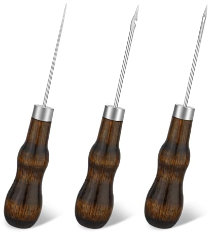 KAMAIKA 3-teiliges Ahle Werkzeug, Vorstecher mit Holzgriff, kürbisförmiges Prickelnadel, Ahle zum Selbermachen von Leder, Nähen, Stanzen, Buchbinden, Reparieren, Basteln