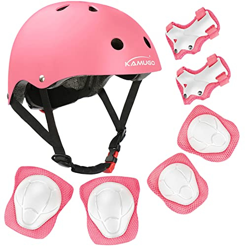 KAMUGO Kinderfahrradhelm, Helm für Kinder von 2 bis 8 Jahren, mit Sportschutzausrüstung, Kniepolstern, Ellenbogenpolstern und Handgelenkpolstern für Roller, Radfahren, Scooter