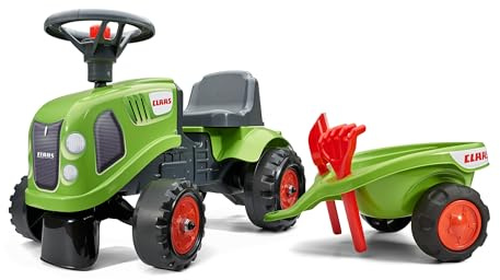 Falk Claas Traktor mit Anhänger, Rechen und Schaufel, 2 Sets Aufkleber, Rutschspielzeug für Kleinkinder + 1 Jahr FA212C