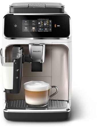 Philips 2300 Serie Vollautomatische Espressomaschine - 4 Getränke, modernes Farb-Touchscreen-Display, LatteGo-Milchsystem, SilentBrew, Keramikmahlwerk, AquaClean-Filter. Weißes Chrom (EP2333/40)