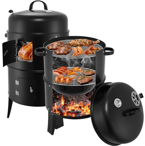 Räucherofen, 3 in 1 Räucherofen, Holzkohlegrill mit Deckel, Smoker Grill mit Räucherhaken und Thermometer, Grilltonne Räuchergrill Campinggrill, Multifunktionsgrill für Räuchern, Grillen & Garen