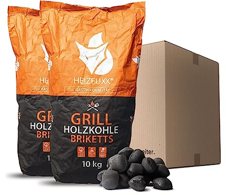 HEIZFUXX Grillholzkohlebriketts Kohle Hartholz BBQ Gastro Restaurant Grill Smoker Steakhouse Brikett Profi Premium 10kg x 2 Sack 20kg / 1 Karton Paligo, SGA1002, Schwarz / Natur