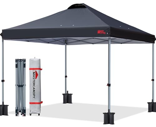 MasterCanopy Pop-up-Pavillon 3x3 Schnellaufbau, 3-Fach höhenverstellbar, UPF50+, wasserabweisend, inkl. Rolltasche + 4 Sandsäcke, für Camping, Events, Garten, Schwarz