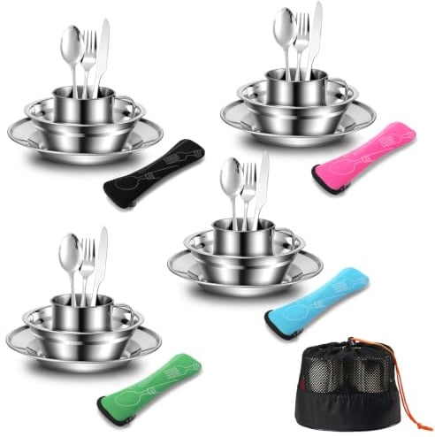 Odoland Campingbesteck Set Geschirrset aus Edelstahl Tafelservice mit Tasche Messer Gabel Löffel Teller Kaffeebecher ideal für 1-4 Personen Outdoor Reisen Wandern Camping