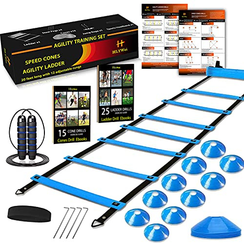 Fußball Trainingszubehör Koordinationsleiter Trainingsleiter,Koordinationsleitern mit 12 Hütchen, Stirnband und Springseil, 4 Pfählen fußball Trainingsset Equipment Zubehör mit Tragetasche