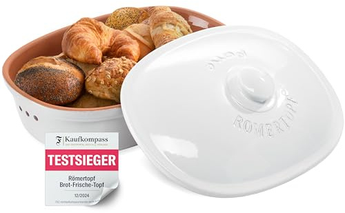 Römertopf Brottopf weiß 6,5 Liter – ovaler Brotbehälter aus natürlicher Keramik mit Deckel – zur Aufbewahrung von Brot, Brötchen, Obst & Gemüse – atmungsaktiv & spülmaschinengeeignet