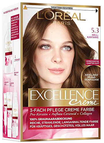 L'Oréal Paris Permanente Haarfarbe, 100 Prozent Grauhaarabdeckung, Haarfärbeset mit Coloration, Shampoo und 3-Fach Pflege Creme Farbe, Excellence Crème 5.3 Helle Kastanie