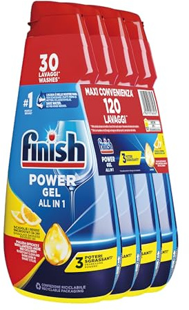 Finish Powergel Flüssigwaschmittel für die Spülmaschine, multifunktional, entfettende Wirkung, Zitronengel, 120 Waschgänge, 4 Packungen mit je 30 Wäschen