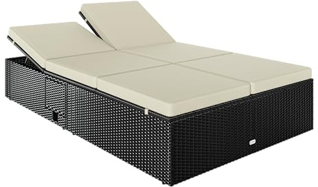 CASARIA Doppel-Sonnenliege Polyrattan, Schwarz Creme, 200x115cm | 220 kg Tragfähigkeit, Witterungsbeständig, 7 cm Polster, waschbarer Bezug, 2 Klapptische, verstellbar