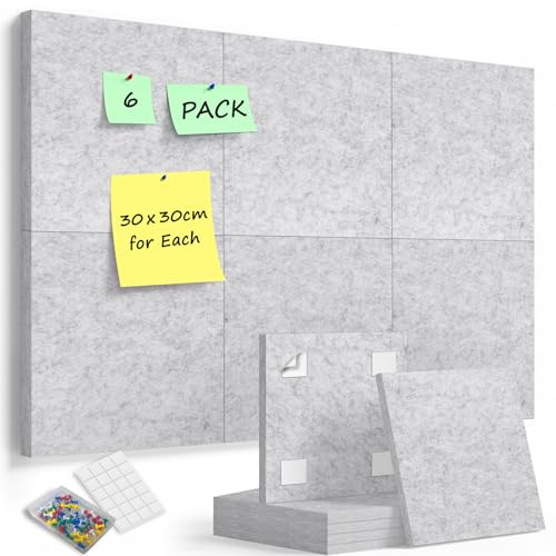 Sliandtelly Filz Pinnwand selbstklebend, 6 Stück Filzwand Korkplatte Mit 60 Pins & Abnehmbaren Klebebändern, Grau Foto Pinnwände Dicke 12mm, 60x90cm, Wandschonend Für Küche Zuhause Büro Schule