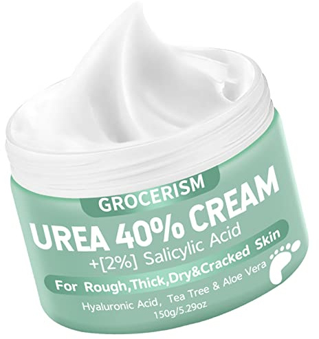 Urea Creme 40 prozent 150 Gramm || Hornhautentferner Fußcreme, Handcreme, Bodylotion mit Hyaluronsäure, Teebaum und Aloe Vera für tiefe Feuchtigkeit, Kallusentferner und Erweichung