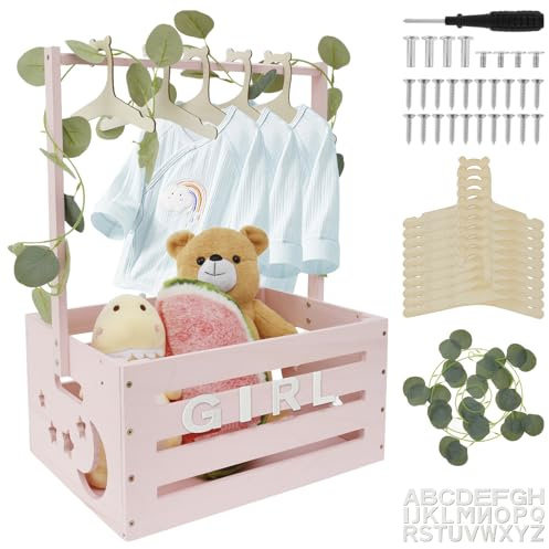 Holz Babykorb mit Griff Babyparty Schrank Praktischer Holzkiste für Babyparty mit 10 Puppenkleiderbügel und 24 Brief 40x30x55CM Baby Aufbewahrungskiste für Jungen Mädchen Schwangerschaft Neue Eltern