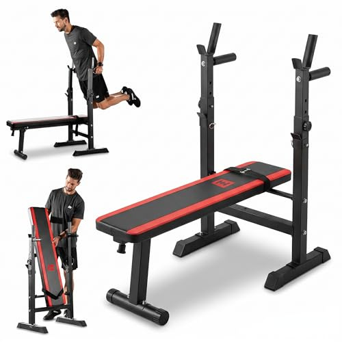 Hop-Sport Hantelbank Klappbar, Multifunktional Trainingsbank mit Langhantel-Ablage und Dip Station, Ideal für Bauchtrainer, Krafttraining & Fitness Zuhause - Max. Belastbarkeit 250 kg