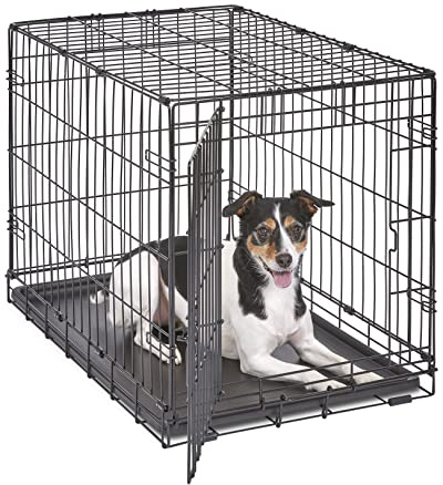 Eintürige, zusammenklappbare Metall-Hundebox, 76 cm, verbesserte Sicherheit, inkl. auslaufsicherer Wanne, für mittelgroße Rassen