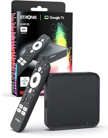 Strong Leap-S3 4K UHD Google TV-Streamingbox Mit Ethernet-Port, 2GB RAM + 16GB Speicher, Integriertem Chromecast, WiFi, Google-Sprachsteuerung, HDR10+