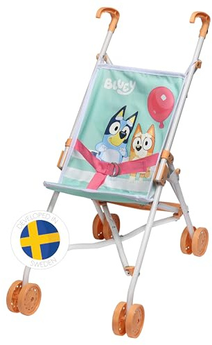 Bluey Puppenwagen Sulky, Leichter Puppenbuggy Zusammenklappbar und tragbar | Spielzeug für Kinder ab 3 Jahren, rosafarbenes und blaues Design mit niedlichen Tiermustern,540x270x400 mm