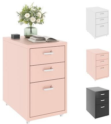 FLEXISPOT Rollcontainer Büroschrank mit 3 Schubladen, Aktenschrank Metallschrank Kommode mit Rädern, Schreibtisch Unterschrank für Zuhause und Büro (Rosa)